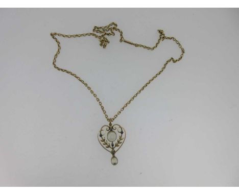 of open double heart form with a central oval cabochon moonstone and a similar smaller one pendant beneath, the inner heart a