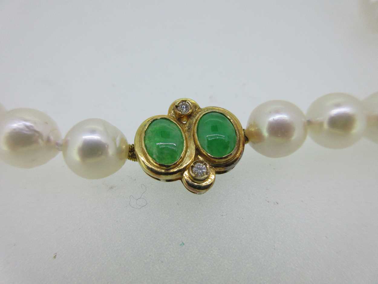 A cultured pearl, jade and diamond necklace, in Cheffins Fine Art