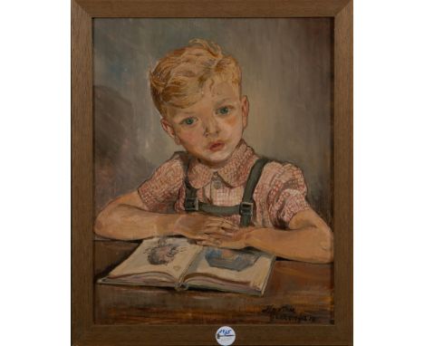 Malerin des 20. Jhs. Portrait eines Knaben mit Buch. Öl/Sperrholz, re./u./unleserlich sign., gerahmt, 49 x 38,5 cm. **