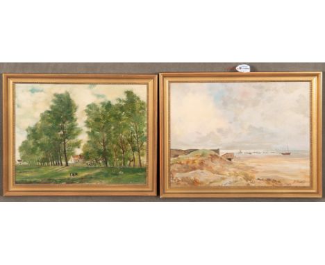 R. Lindig (Maler des 20. Jhs.). Landschaft mit Bäumen, Vieh und Gebäude / Küstenlandschaft mit Segelbooten. Öl/Malkarton, je 