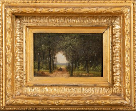 M. Donat (Maler des 19. Jhs.). Personen am Weg, dahinter Waldlichtung. Öl/Holz, re./u./sign., gerahmt, 10 x 15 cm.