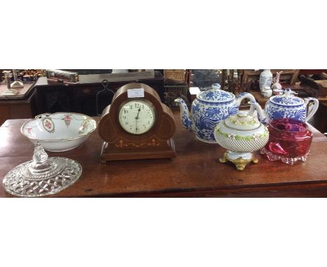 A decorative inlaid mantle clock etc.