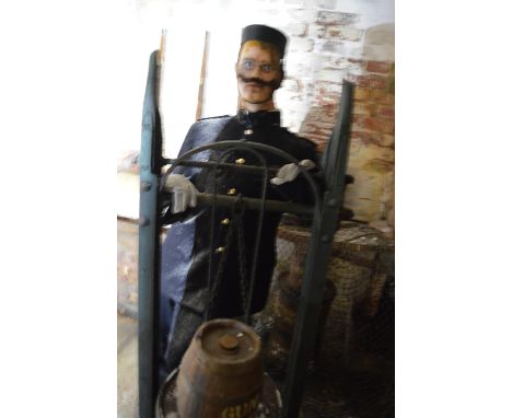 Napoleonic Gun Magazine Exhibit Consisting of Two Wax Figures in Uniform, Dome Top Trunks, Reproduction Muskets, Powder Kegs,