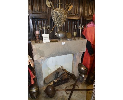 Assorted Display Props to The Tudor Exhibition Including Linenfold Paneling, Candlesticks, Tureen, Goblets, Shield, Various B