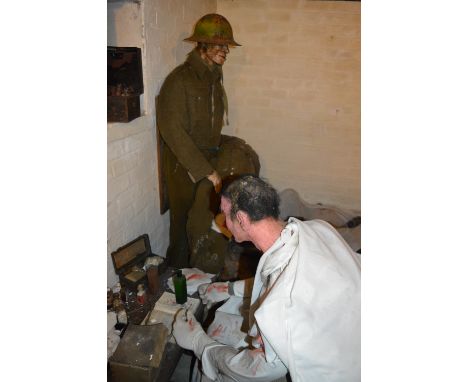 WWI Field Hospital Exhibit Including Male Mannequins and Waxworks, Gas Mask, Original Tin Helmets, Earthenware Jars, Medical 