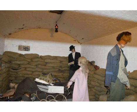 Air Raid Shelter Exhibition Comprising of Male, Female &amp; Youth Mannequins, Two Babies Gas Mask, Baby in Gas Mask, Bakelit