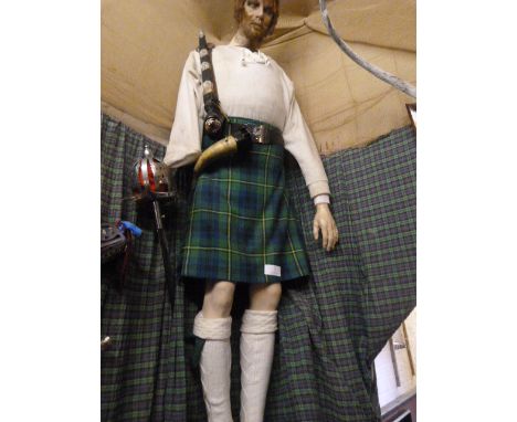 Johnstone Collection: Life Size Mannequin in Full Scottish Dress with Johnstone Tartan Kilt, Sword, Dirk, etc. 