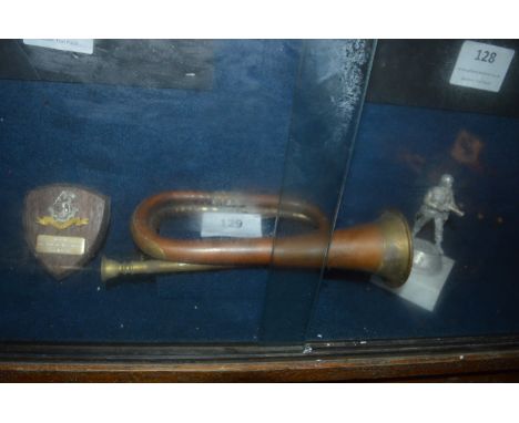 Bugle, Commemorative Shield and a Diecast Model of a Northern Ireland 39 Infantry Brigade Soldier on Marble Base 