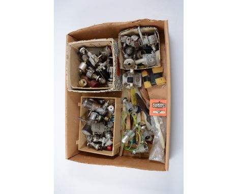 Box containing 4 x 1.5cc diesels, complete, and large selection fo engine spares.