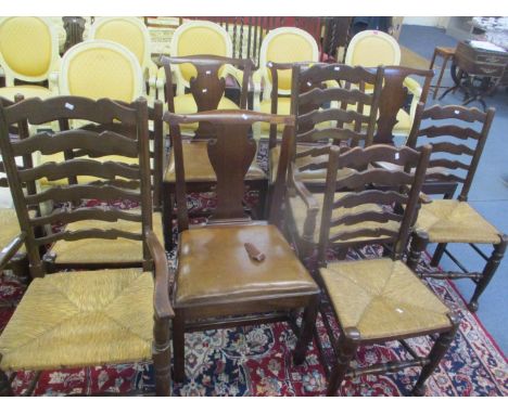 A set of four Georgian mahogany dining chairs, together with a set of six ladder back rush seated dining chairs 
