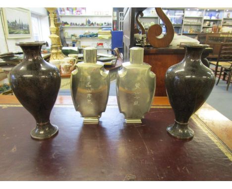 Two Chinese silver plated tea caddy style bottles with cap tops, and a pair of Chinese black cloisonne vases A/F 
