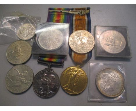 Coins and medals to include two Great War medals stamped 16386 Pte W Parkinson Suff R, an American dollar and half-dollar 