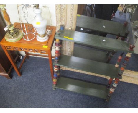 Mixed furniture to include a Chinese side table and a three tier painted wall hanging shelf with cotton reel supports