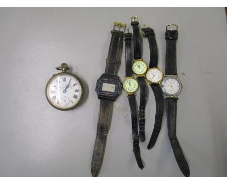 A silver plated cased Superior Railway Timekeeper lever pocket watch with white enamel Roman dial, offset seconds at 6, and f