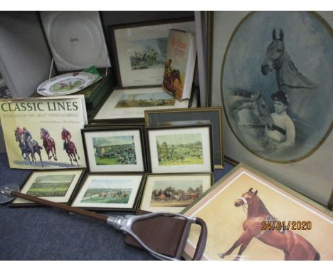 Horse racing related items to include three Spode St Leger plates, prints, hunting scenes, coaching scenes, Red Rum and other