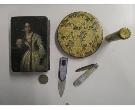 A 19th century Georgian papiermache snuff box decorated with a lady to the lid, a mother of pearl bookmark, a mother of pearl