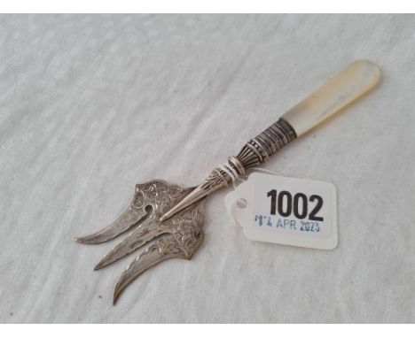A silver and MOP handled Victorian bread fork, Birmingham 1896