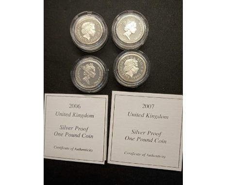 2006, 2007, 1988 and 1987 Silver proof £1 coins