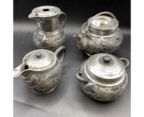 A Chinese Ceramic &amp; Pewter Covered Tea Set Decorated with Dragons