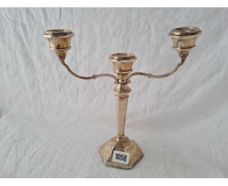 A three light candelabrum on hexagonal base, 10” high, Birmingham 1972