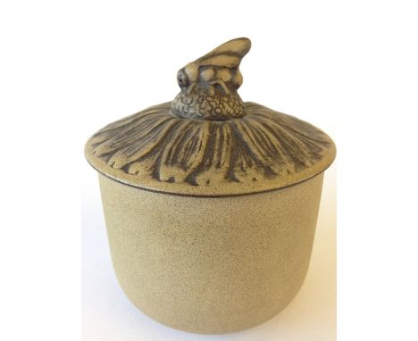 A Poole Pottery stoneware Honey Pot, the leaf decorated lid with Bee finial, impressed marks to base.