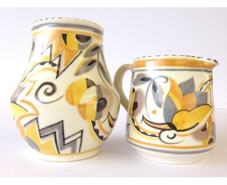 A Poole Pottery Art Deco vase, shape 112, decorated in the YE pattern by Winifred Collett together with a small matching jug,