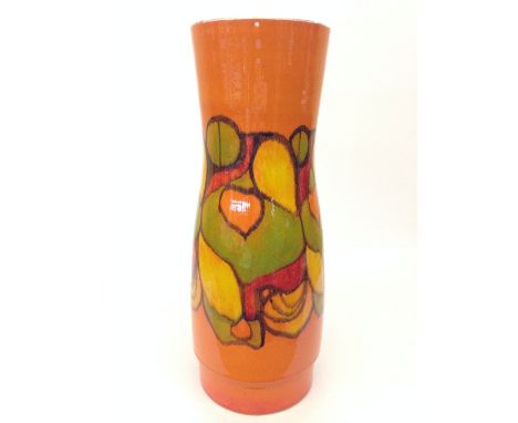 A Poole Pottery vase, shape 85, decorated in an abstract pattern on orange ground by Lynn Gregory (16 inches).