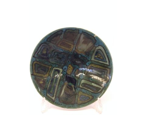 A Poole Pottery Delphis flared bowl decorated in an abstract pattern in tones of green and blue on magnolia ground (Mark No. 