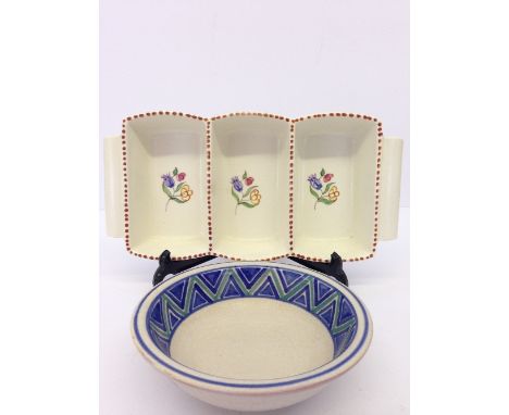 A Carter Stabler Adams Limited small red bodied Poole Pottery bowl decorated in the DC pattern together with a three section 
