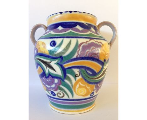 A Poole Pottery red bodied twin handled urn shaped vase, decorated in the CO pattern by Ruth Paveley (7 inches).