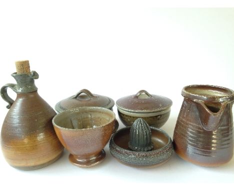 Six various Guy Sydenham utilitarian island wares comprising lemon squeezer, two lidded bowls, single handled jug, vinegar bo