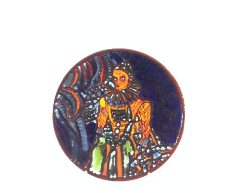 A Poole Pottery Delphis dish, shape 5, decorated with an image of an Elizabethan Lady by Irene Kerton.