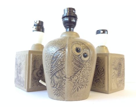 A pair of Poole Pottery Barbara Linley Adams stoneware square lamp bases, decorated with mice and birds together with an ovoi