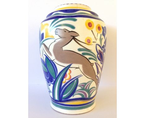 A Poole Pottery red bodied vase, shape 966, decorated in the TZ Leaping Gazelle pattern by Marian Heath (9.5 inches), (examin