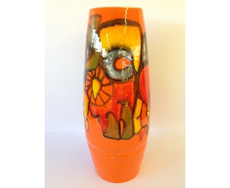 A Poole Pottery Delphis vase, shape 85, decorated in an abstract pattern on orange ground by Jeanette Spode (16 inches).