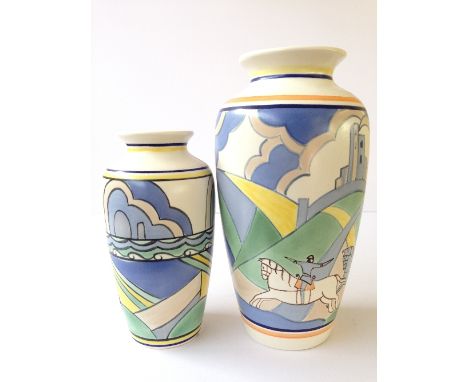 A modern Poole Studio vase designed by Karen Brown decorated in the Corfe Castle pattern (8 inches) together with another dec