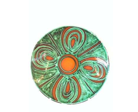 A Poole Pottery Delphis dish, shape 4, decorated in an abstract pattern in tones of orange and green (10.5 inches).