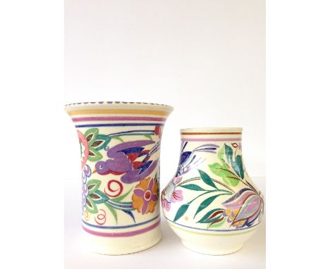 A white bodied Poole Pottery vase, shape 199, decorated in the BEA (Beales) pattern by Myrtle Bond together with a small squa