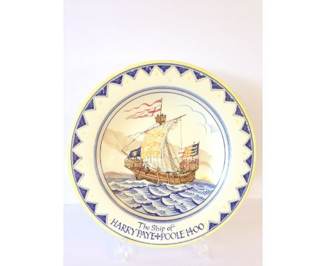 A Poole Pottery Ship dish, drawn by Arthur Bradbury and painted by Nellie Blackmoor in the year 1953: The Ship of Harry Paye,