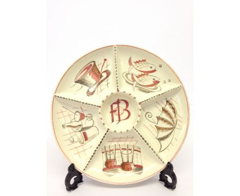 A white bodied Poole Pottery circular hors d'oeuvre dish, shape 362, decorated in the Festival of Britain 1951, FOB pattern w