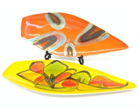 Two Poole Pottery Delphis spear dishes, shape 82, decorated in abstract designs on yellow and orange ground.