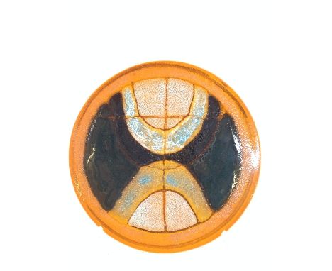 A Poole Pottery early Delphis dish, decorated in an abstract patter with textured glaze in tones of orange and black, with ma