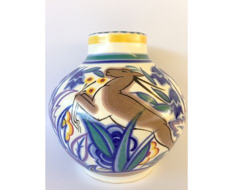 A Poole Pottery globular vase, shape 440, decorated in the TZ Leaping Gazelle pattern by Marjory Batt (5.5 inches).