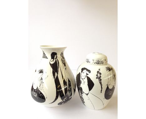 A Poole Pottery Beardsley Collection vase (8 inches) together with a matching ginger jar and cover (7.5 inches overall).