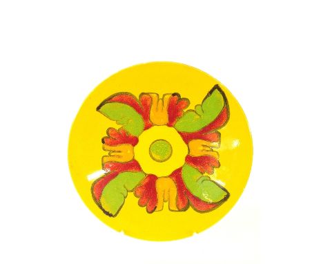 A Poole Pottery Delphis dish, shape 54, decorated in an abstract pattern on yellow ground by Beverley Mantel.