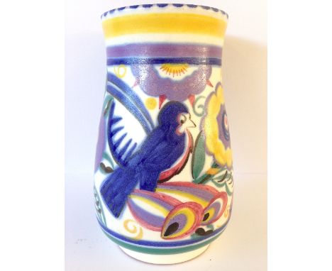 A red bodied Carter Stabler Adams Limited Poole Pottery vase, shape 204, decorated in the QV Comical Bird pattern (6 inches).