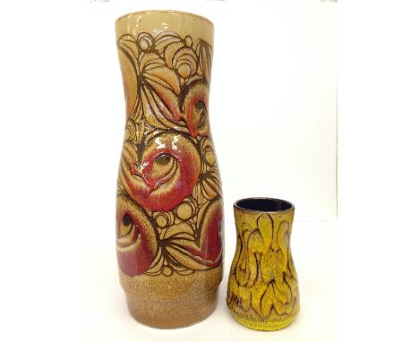 A Poole Pottery Aegean vase, shape 85, decorated in an abstract pattern on brown ground together with a smaller Aegean vase.