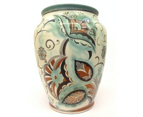 A Carter Stabler Adams Limited red bodied Poole Pottery vase, shape 213, decorated in the BR pattern by Ruth Pavely.