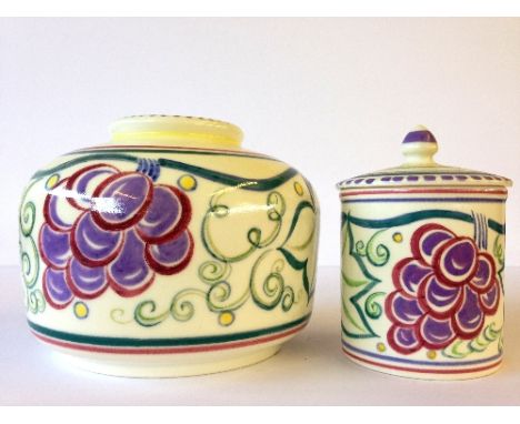 A Poole Pottery white bodied squat vase, shape 173, decorated in the TR pattern together with a matching lidded jam pot.