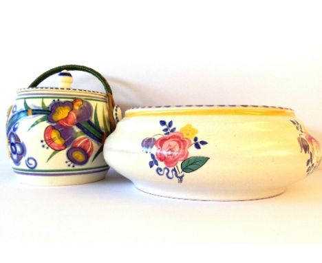 A Poole Pottery biscuit barrel, shape 230, with original wicker handle, decorated in the ED pattern by Audrey Heckford togeth